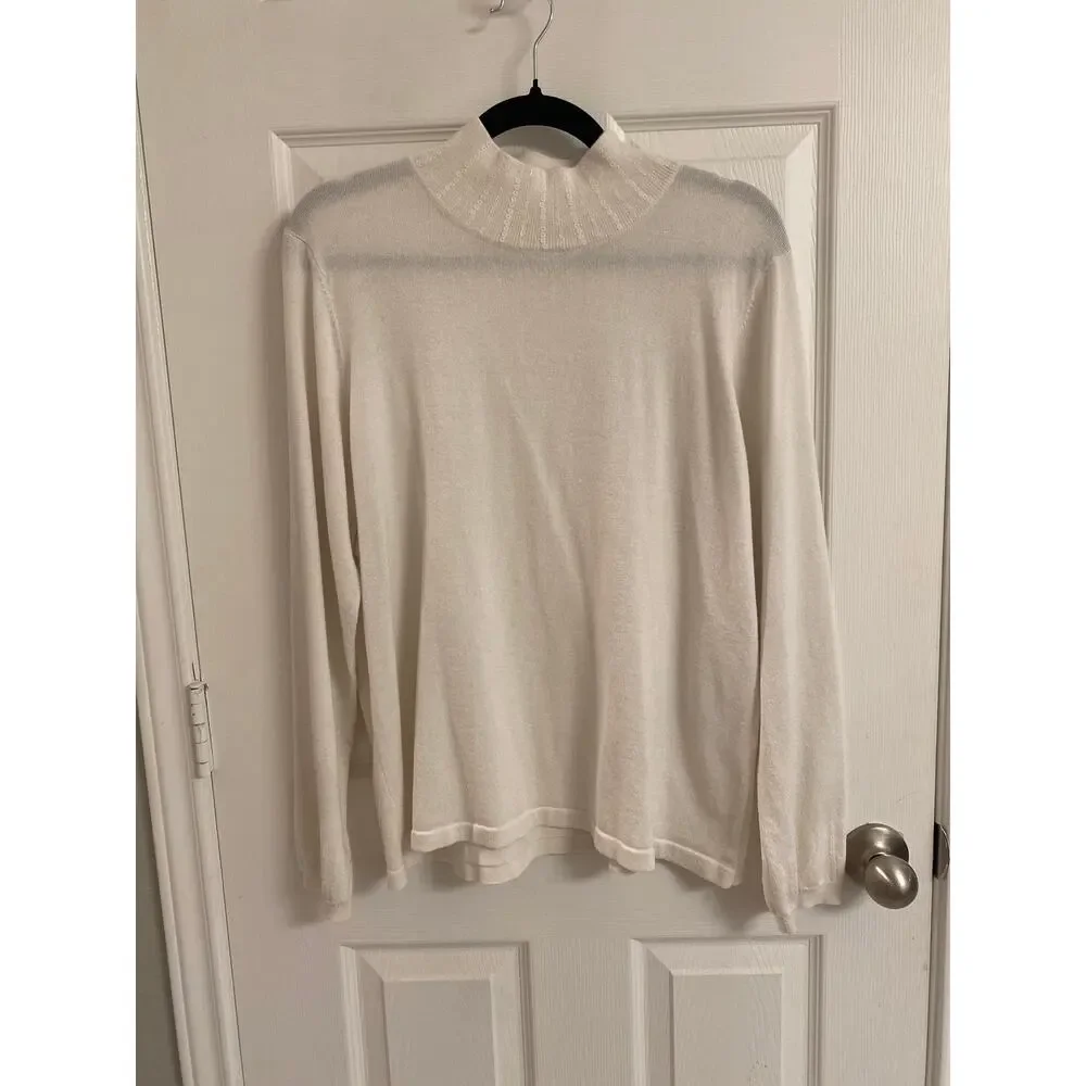 Minimalist Sequin Mock Neck Sweater Cream White Metallic Knit Long Sleeve XL